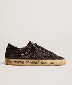 SUPER-STAR à paillettes marron avec étoile et contrefort en cuir noir
