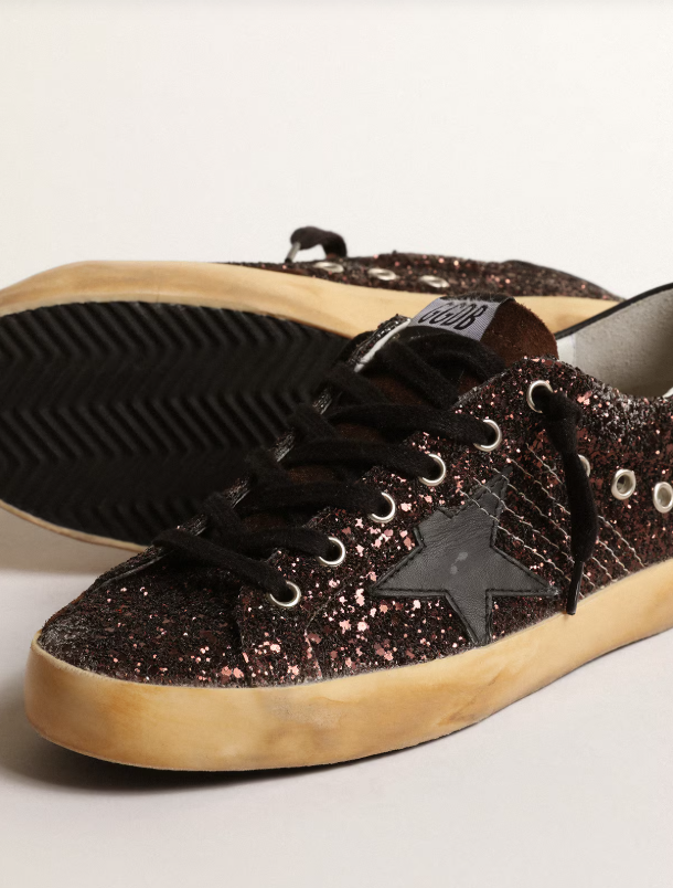 SUPER-STAR à paillettes marron avec étoile et contrefort en cuir noir
