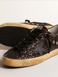 SUPER-STAR à paillettes marron avec étoile et contrefort en cuir noir